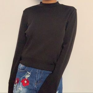 Modern Contemporary Ribbed Mock Neck Long Sleeve Sweater Top in Black (XL)